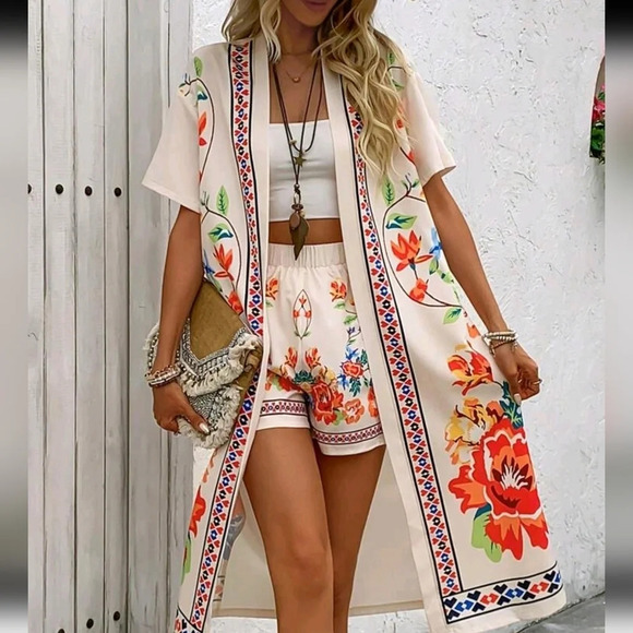 Tops - Summer Casual Floral Print Front Open Jacket And Shorts For Vacation